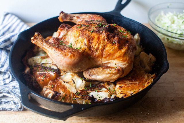 Roasted chicken served with cabbage cooked in chicken fat